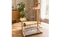 Bird Play Stand with Feeder Cups Wooden Parrot Activity Center Sturdy Avian Gym with Tray for Floor