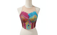 Halter Crop Top with Feathers Cropped Glitter Halter Top with See-Through Yoke Apparel Glittery Sparkling for Women