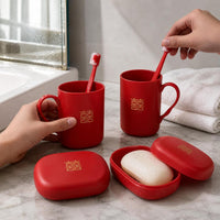 Wedding Bathroom Set with Toothbrush Holders, Cups, and Soap Dish - Red Bridal Essentials