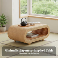 Japanese design Woven mat Table Low height Floor Desk Minimalist Design Indoor Furnishing Space Saving for Minimalists, Home Decorators, Bay opening, Balcony, Small Apartments, Living Room