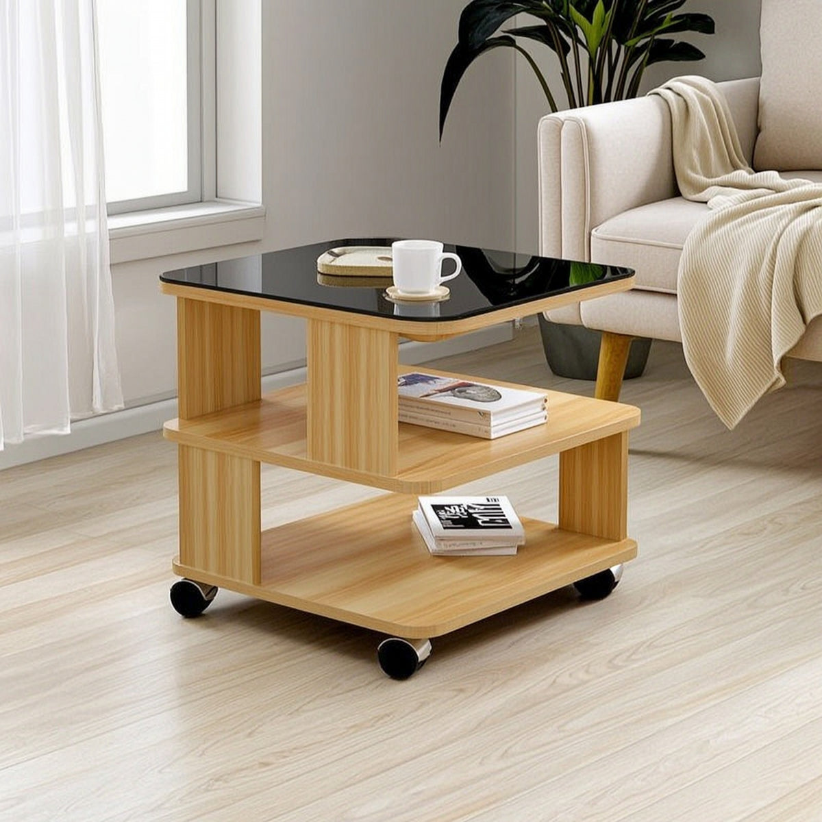 Modern Side Table with Storage Shelves Space-Saving Side Table with Glass Surface Minimalist Furniture Versatile for Small Areas