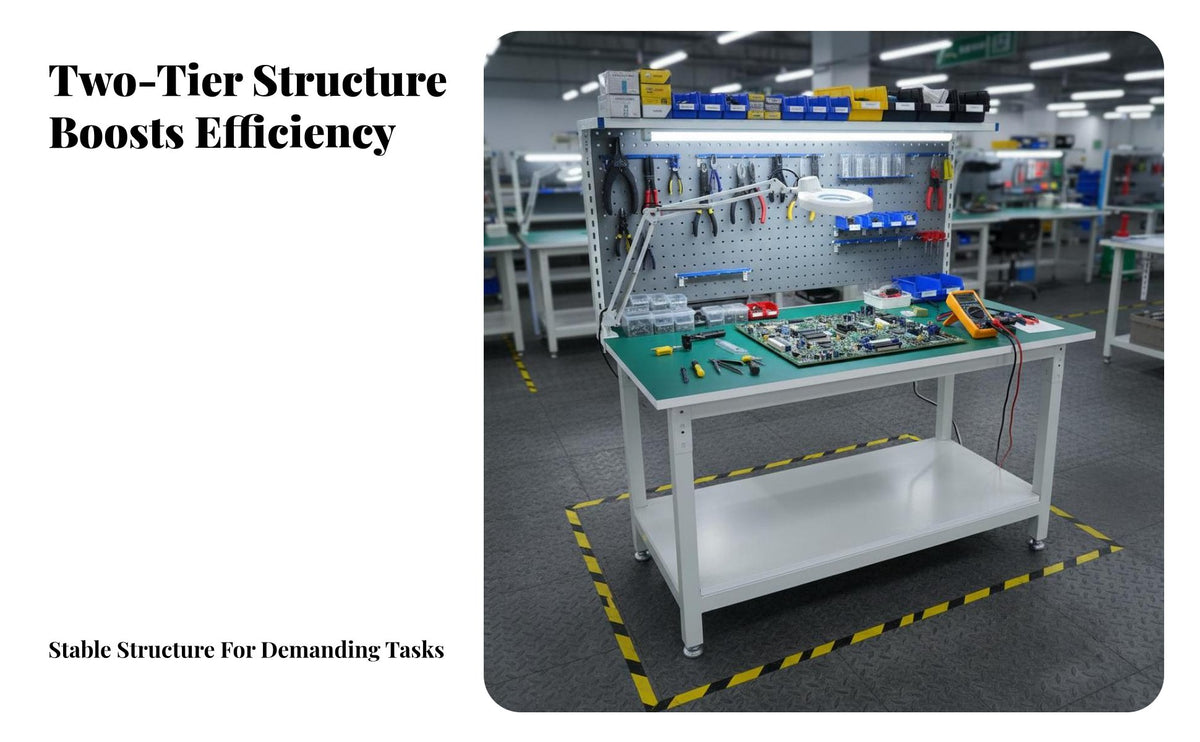 Anti Workbench Versatile Double Layer Work Table Sturdy Assembly Packing Table for Electronics Technicians, Tradespeople, Job Site, Garage