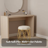 golden-hued Frame Upholstered Round Stool with Metal Legs Padded Seat Upholstered Vanity Stool Soft paddinged Top Household Furniture plush fabric Upholstery for Beauticians, Apartment Dwellers, residents, Makeup Room, Bedroom, Nail Salon, Entryway