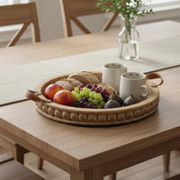 Handmade Countryside Platter Handcrafted Round Beaded Wood Tray Convenient Handle Farmhouse Dessert Display Set for Parties, Weddings