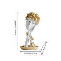 Floral Headdress Decorative Face Figurine Gold Finish Abstract Face Statue Resin Tray Base Sculpture Butterfly Accents