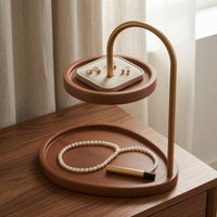 Wood-Grain 2 Tier Storage Rack Gold-Toned Two-Tier Storage Rack Curved Metal Tabletop Display Stand Raised Rim for Dresser, Entryway