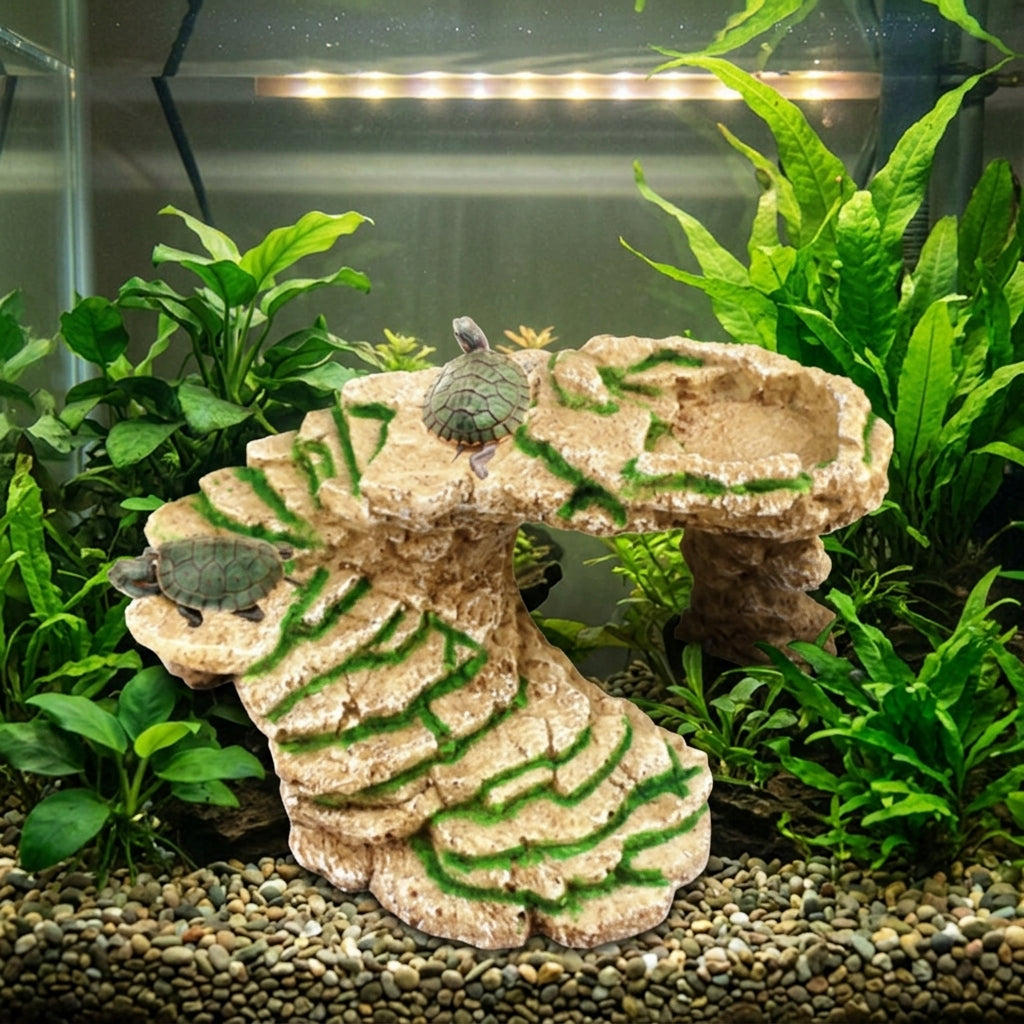 Stepped Aquarium Cave Basking Ledge, 13*20cm Reptile Hideout for Aquatic Turtles, Realistic Stone Resin Aquarium Cave for Climbing and Basking
