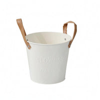 Metal Flower Planter Leather-Style Handles Distressed Metal Planter Small Round Planter Embossed Floral Lettering