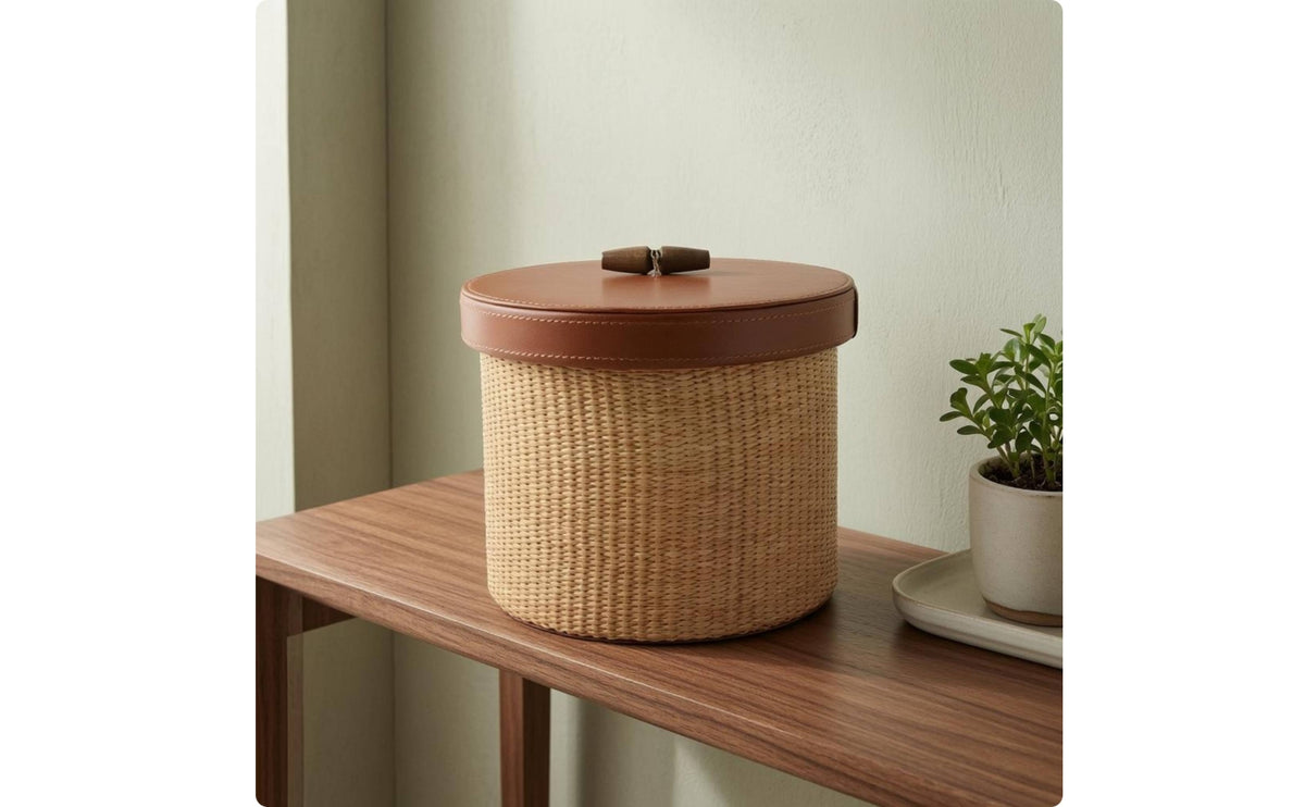 Woven Storage basket Holder Handwoven Fiber Storage basket Leather-Like Trim Woven box
