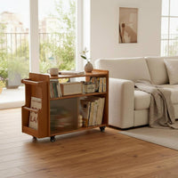 Solid Wood Construction Sofa Side Storage Cart Modern Design Rolling Side Table Built-in Magazine Rack Wooden Mobile Shelf Fluted Glass Accent for Small Areas