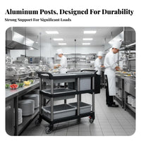 Quiet casters 3-Tier Food Trolley Rolling Casters utility Cart Easy to Clean Catering Equipment sturdyDuty for Restaurant Staff, Commercial Users, Cafeteria, Banquet Hall, Hospital, Warehouse