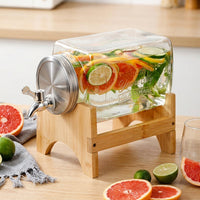 Water Dispenser with Tap and Wood Stand, Rectangular Water Jug, Drink Dispenser for Iced Tea and Cold Brew, Large Capacity Cold Beverage Carafe