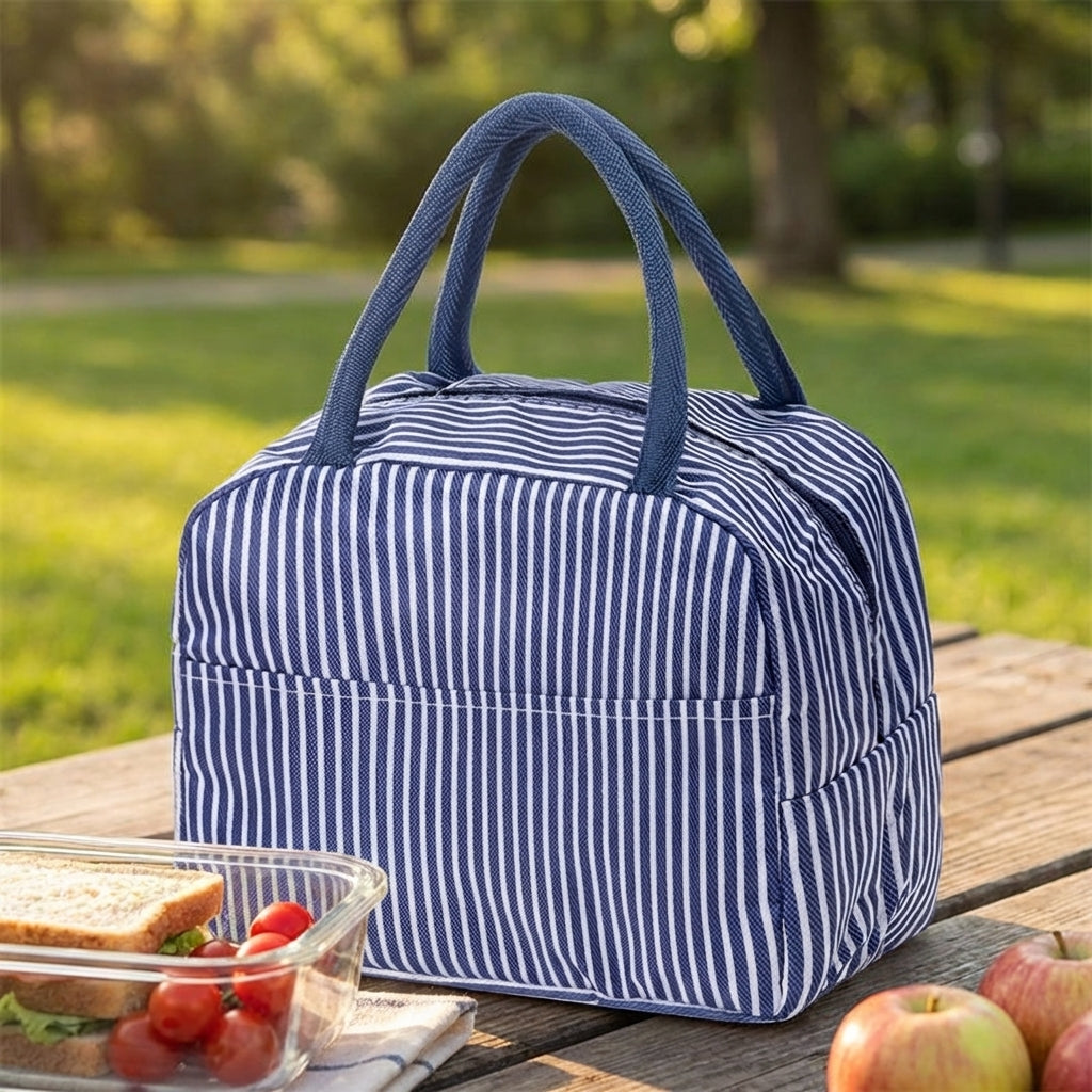 Lunch Box and Insulated Lunch Bags for Women with Faux Leather Handle, Reusable Striped Cool Bag Lunch Box for School Picnic, Nylon Material