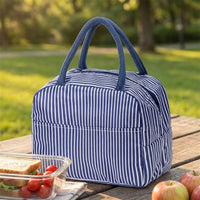 Lunch Box and Insulated Lunch Bags for Women with Faux Leather Handle, Reusable Striped Cool Bag Lunch Box for School Picnic, Nylon Material