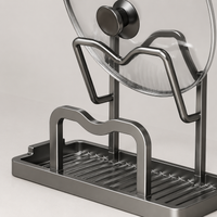 Modern Minimalist Dish Drainer Rack, Gunmetal Grey Aluminum Utensil Holder with Drip Tray, Freestanding Pot Lid Drying Rack for Small Flats