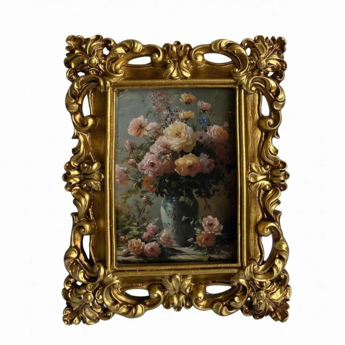 European Vintage Gold Resin Picture Frame with Relief and Hollow Carving