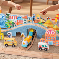 90 Pieces Wooden Train Set Diy Wooden Railway Set Toy Train Track with Accessories Non Playset BPA-Safe for Children, Playroom