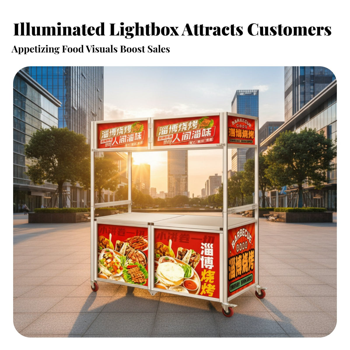 Multi-Purpose Mobile Snack Cart Space-Saving Stainless Steel Push Cart Thickened Tabletop Mobile Street Vending Trolley Easy Assembly for Caterers, Small Business Owners, Entrepreneurs, Night Markets, Festivals, Trade Shows, Sidewalks