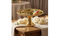 Mirrored Surface Round Dessert Stand Beaded Rim Pedestal Cake Stand Metal Display Tray Polished Finish