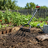 Manganese Steel Deep Tiller Tool Curved Tines Long Handled Digging Fork Reinforced Welded Frame Heavy Duty Garden Digging Implement Red Grip Handle