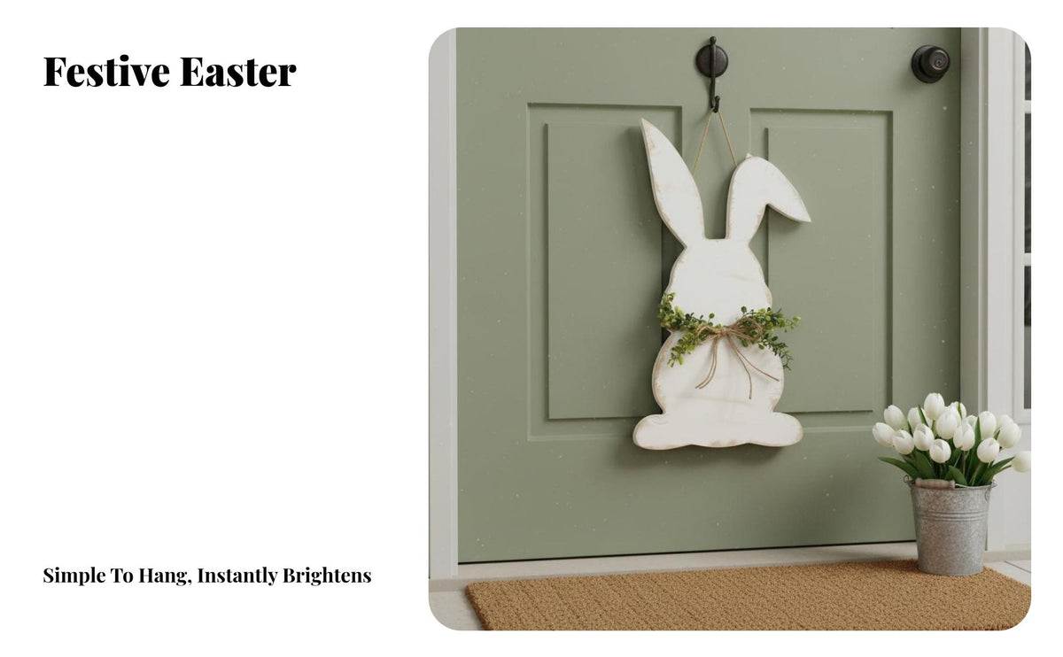 Easter Bunny Door Hanger Vintage Influenced Farmhouse Easter Decoration Artificial Greenery Rustic Bunny Wall Decor for Homeowners, Families, Entryway