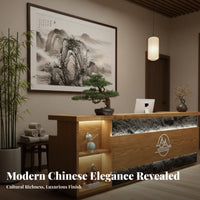 Chinese Design Reception Desk Designer Model Commercial Checkout Counter Shipped Fully Assembled Wood and Stone Cashier Counter for Restaurant