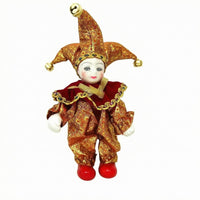 Ceramic-Style Head Jester Doll Ruffled Collar Jester Figurine Gold-Tone Bells Ornament Doll White Gloves for Gift Item