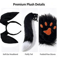 Faux Fur Fox Tail Rabbit Ears Dog Ears Role Play Costume Set with Plush Paw Gloves for Halloween