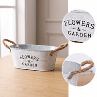 Whitewashed Oval Planter with Handles Galvanized Planter with Rope Handles Decorative Metal Flower Container Multipurpose for Windowsill