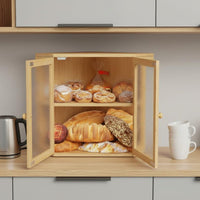 Transparent Double Door Bread Box 2-Tier Wooden Acrylic Bread Cabinet Eco-Friendly Bamboo Wood Large Capacity for Kitchen