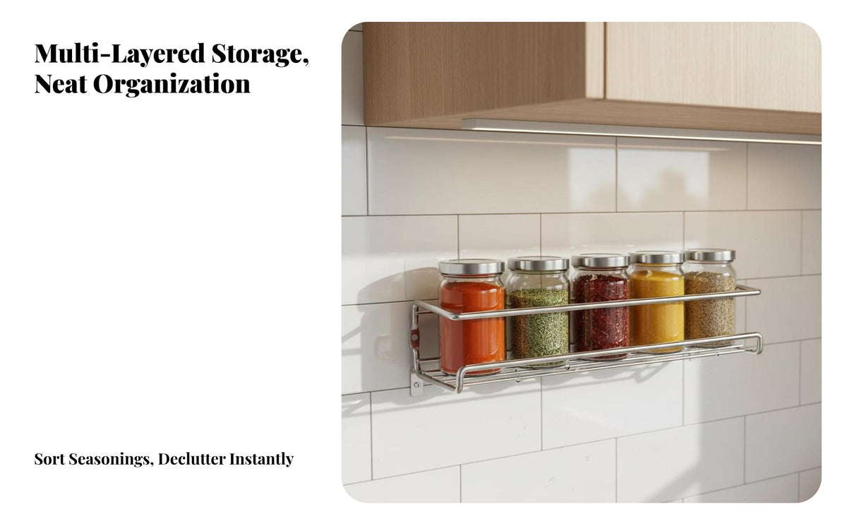 No-Drill Installation Wall-Mounted Seasoning Rack Minimalist Design Seasoning Rack Space Saving Kitchen Organizer Multifunctional for Home Cooks, Homeowners, Families, Pantry, Cabinet, Bathroom