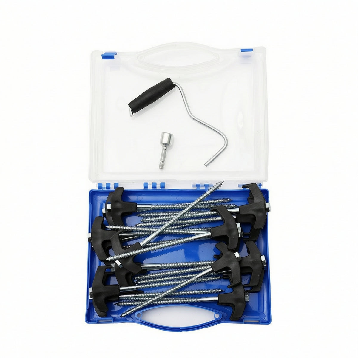 Camping Stake Kit with Storage Case Easy to Install Tent Stakes with Storage Box Screw-in Ground Anchors for Tarp Shelter
