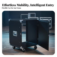 Secure 19-Inch Amplifier Road Case Reinforced Ball Corners Mobile Audio Rack Cabinet Handles DJ Equipment Case on Wheels Lockable Door for DJs, Musicians, Live Performance, Stage, Touring, Studio