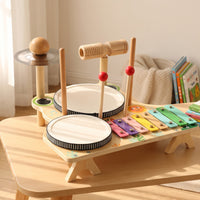 Wooden Percussion Table Multifunctional Music Station Toddler-Friendly Musical Toy with Cymbals Educational for Toddlers, Kids, Beginners, Playroom, Preschool, Nursery