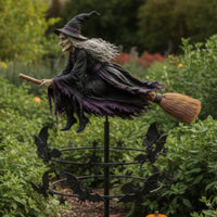 Halloween Kinetic Wind Rotator with Witch Rotating Witch Wind Rotator Spooky Yard Art Whimsical for Pathway