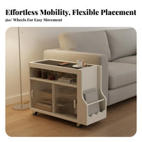 Solid Wood Frame Mobile Sofa Side Cabinet Sintered Stone Top Rolling End Table Retro Design Rolling Side Table Easy to Move for Apartment Dwellers, Homeowners, Office Workers, Bedroom, Small Areas, Study