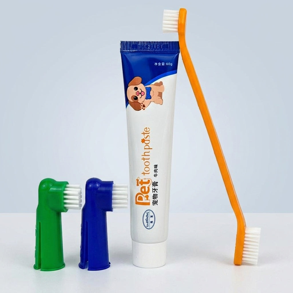 Dog Toothpaste and Dog Toothbrush Set for Fresh Breath, Cat Toothbrush with Silicone Finger, Beef Flavor Breath Freshener for Bad Breath, 4 Pack