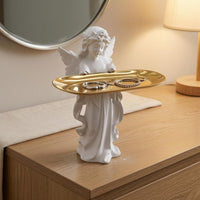 Praying Angel Figurine White Finish Angel Tray Holder Small Item Tray Statue Gold Toned Tabletop