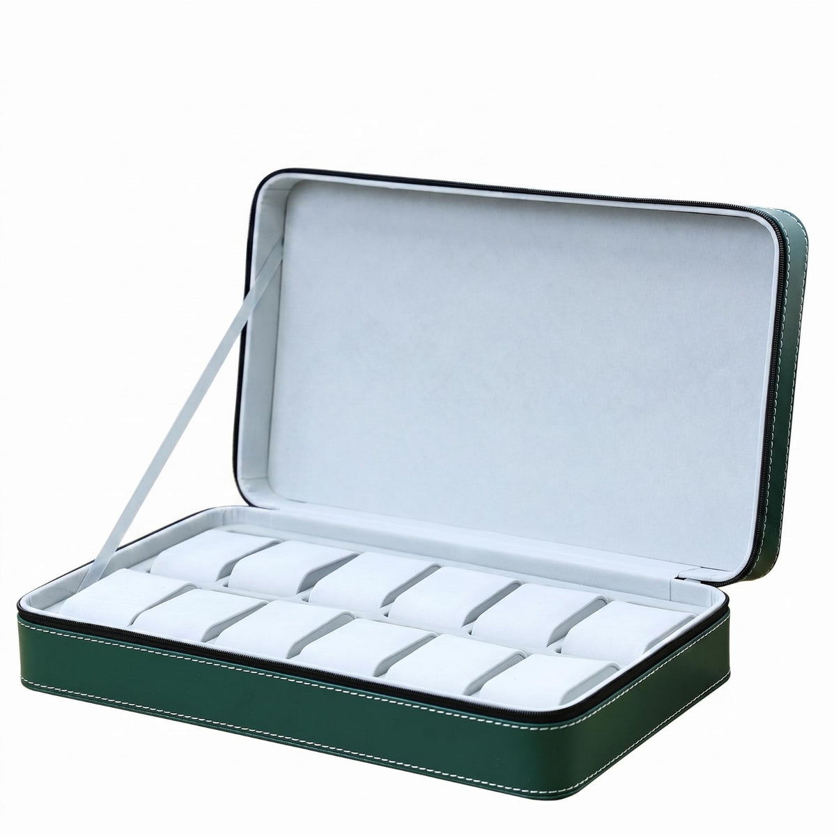 PU Leather Zippered Watch Storage Bag Green Hard Case Watch Organizer Contrast Stitching