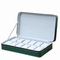 PU Leather Zippered Watch Storage Bag Green Hard Case Watch Organizer Contrast Stitching