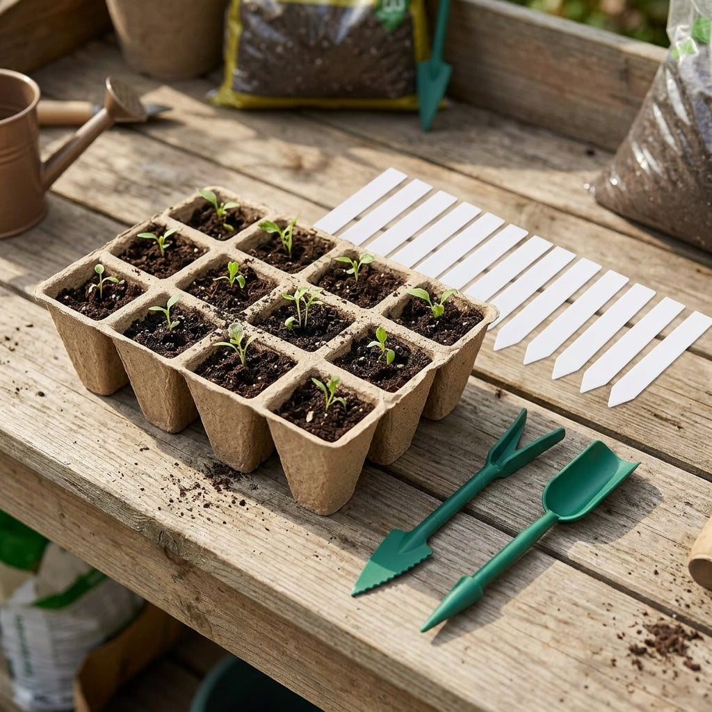 12 Cell Seedling Trays, Biodegradable Paper Pulp Pots, Plant Propagation Trays with Gardening Labels, Small Garden Tools Included