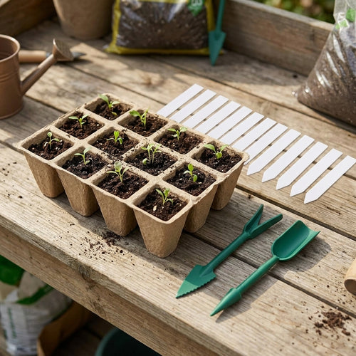 12 Cell Seedling Trays, Biodegradable Paper Pulp Pots, Plant Propagation Trays with Gardening Labels, Small Garden Tools Included