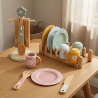33 Pieces Pastel Accents Wooden Tableware Set Storage Display Pretend Kitchen Accessories Polished Edges Play Plates and Cups Realistic for Children