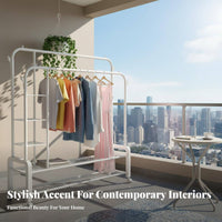 Easy Assembly Heavy Duty Garment Rack Large Capacity Freestanding Metal Garment Stand Multi-Purpose Double Rod Clothing Organizer Movable for Homeowners, Students, Renters, Balcony, Bedroom, Laundry Room, Entryway