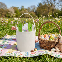 Canvas Easter Basket with Green Bunny Ears, Portable Tote Bag for Egg Hunts, Reusable Fabric Gift Sack for Kids Party Favours and Nursery Storage
