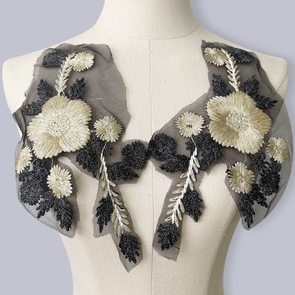 Black Embroidered Fabric Patch with Gold Thread