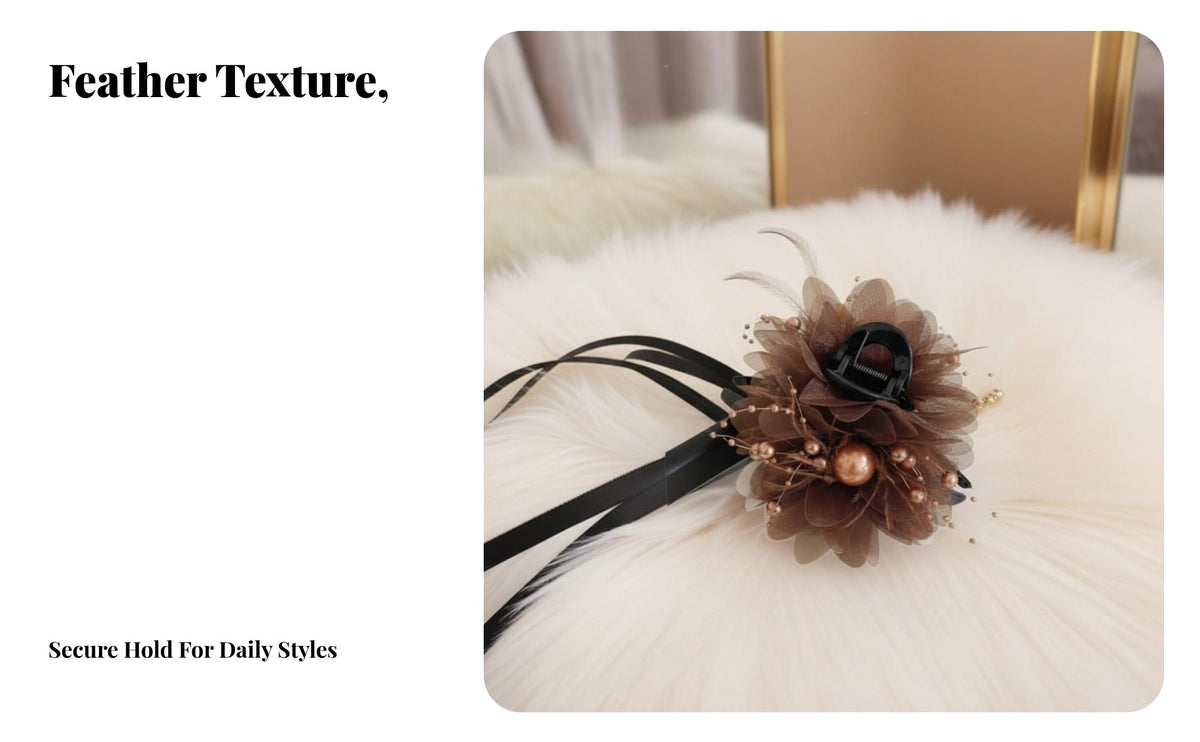 Feathery Feather Hair Claw Autumn Winter Design Feather Hair Clasp Elegant Design Large Ponytail Clip for Women, Formal Events, Parties, Party