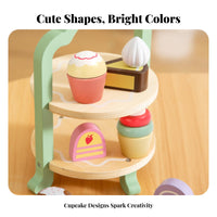 7 Pieces Ideal Gift Afternoon Tea Toy Set Encourages Creativity Pretend Play Cake Set Educational Wooden Dessert Stand Playset Develops Fine Movement Skills for Girls, Preschoolers, Toddlers