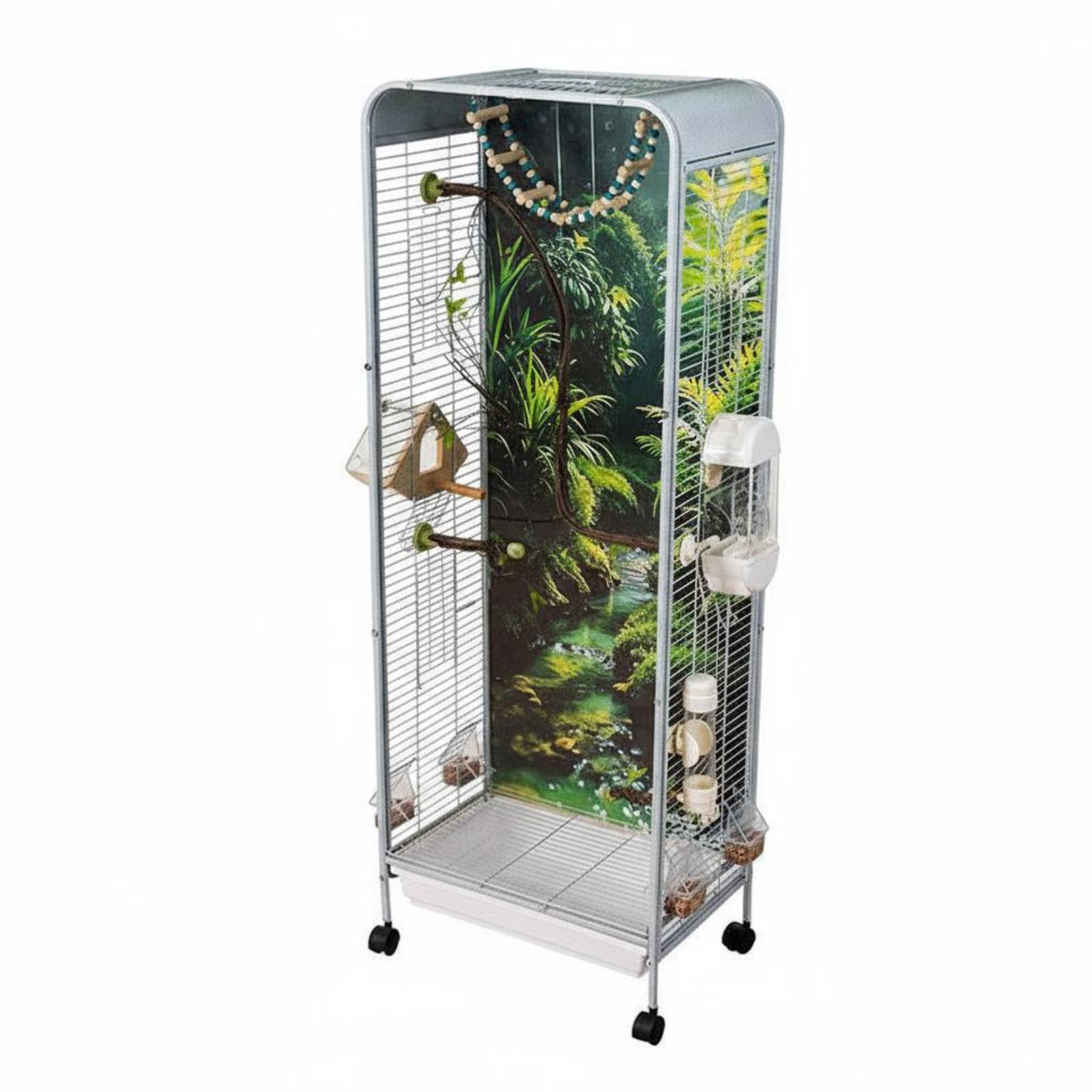 With Wheels Rolling Parrot Aviary Woodland Scenery Backdrop Large Flight Enclosure for Living Room, Indoor
