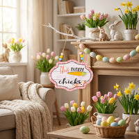 Easter Decorations, Happy Easter Hanging Sign, Beaded Easter Door Hanger Farmhouse Aesthetic Wooden Easter Decoration Handcrafted Plaid Border Hanging Sign for Families, Porch, Mantelpiece
